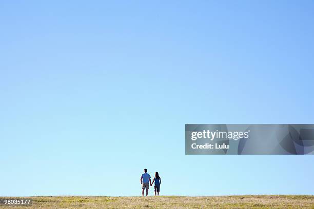 mature couple holding hands on hilltop - サンタイネス ストックフォトと画像