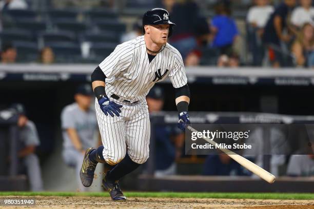 Clint Frazier of the New York Yankees in action against the Seattle Mariners at Yankee Stadium on June 20, 2018 in the Bronx borough of New York...