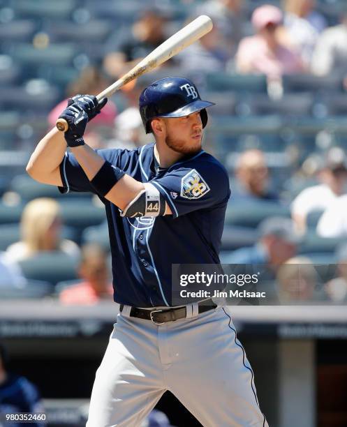 Cron of the Tampa Bay Rays in action against the New York Yankees at Yankee Stadium on June 16, 2018 in the Bronx borough of New York City. The...