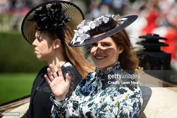Princess Beatrice and Princess Eugenie take part in the Royal Parade during Royal Ascot Day 3 at Ascot Racecourse on June 21, 2018 in Ascot, United...