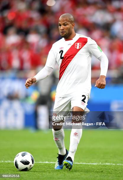 Alberto Rodriguez of Peru runs with the ball during the 2018 FIFA World Cup Russia group C match between France and Peru at Ekaterinburg Arena on...