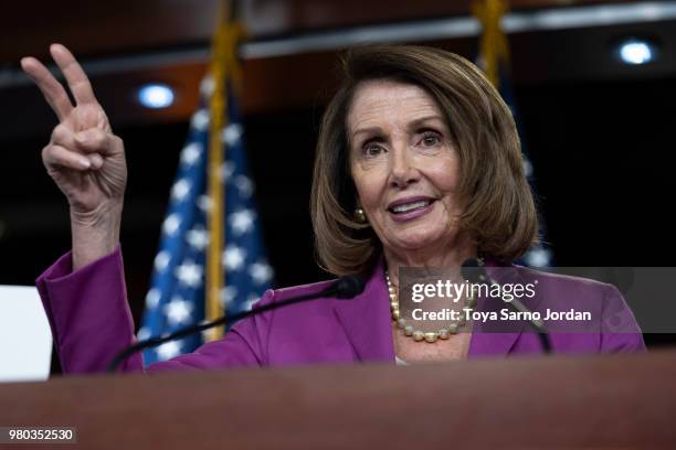 House Minority Leader Nancy Pelosi delivers remarks during her weekly press conference at the Capitol on June 21, 2018 in Washington, DC.