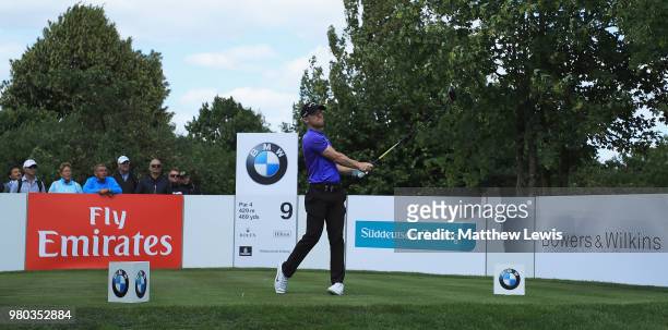 David Horsey of England tees off on the 9th hole during day one of the BMW International Open at Golf Club Gut Larchenhof on June 21, 2018 in...