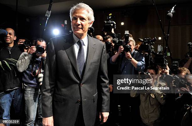 French Former Prime Minister Dominique De Villepin attends a press conference at Press Club de France on March 25, 2010 in Paris, France. De Villepin...