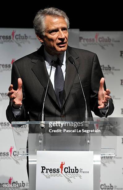 French Former Prime Minister Dominique De Villepin gestures during a press conference at Press Club de France on March 25, 2010 in Paris, France. De...