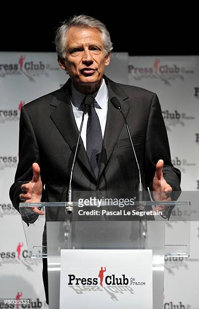 French Former Prime Minister Dominique De Villepin gestures during a press conference at Press Club de France on March 25, 2010 in Paris, France. De...