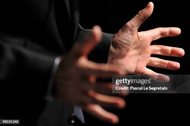 The hands of French Former Prime Minister Dominique De Villepin are seen during a press conference at Press Club de France on March 25, 2010 in...