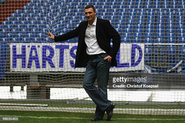 Vitali Klitschko of Ukraine poses before the press conference at Veltins Arena on March 25, 2010 in Gelsenkirchen, Germany. The WBC Heavyweight World...