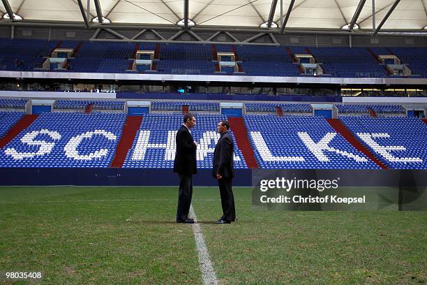 Vitali Klitschko of Ukraine poses with Albert Sosnowski of Poland before the press conference at Veltins Arena on March 25, 2010 in Gelsenkirchen,...