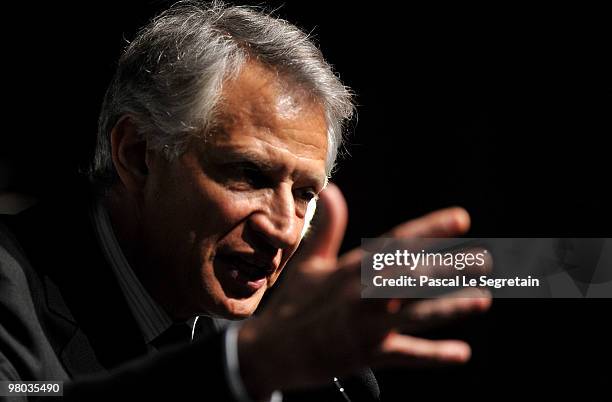 French Former Prime Minister Dominique De Villepin gestures during a press conference at Press Club de France on March 25, 2010 in Paris, France. De...