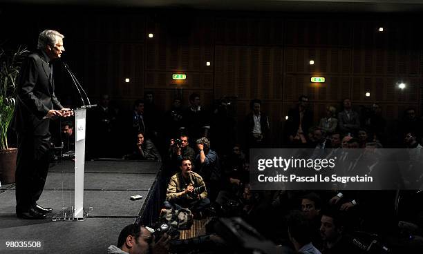 French Former Prime Minister Dominique De Villepin attends a press conference at Press Club de France on March 25, 2010 in Paris, France. De Villepin...