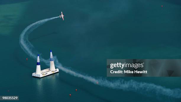 Paul Bonhomme of Great Britain in action during the Red Bull Air Race 2nd training day on March 25, 2010 in Abu Dhabi, United Arab Emirates.