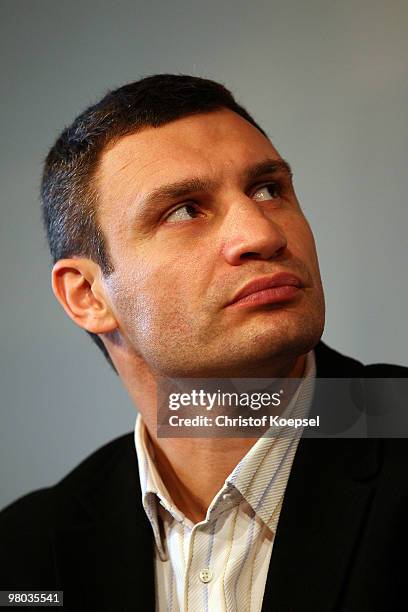 Vitali Klitschko of Ukraine attends a press conference at Veltins Arena on March 25, 2010 in Gelsenkirchen, Germany. The WBC Heavyweight World...