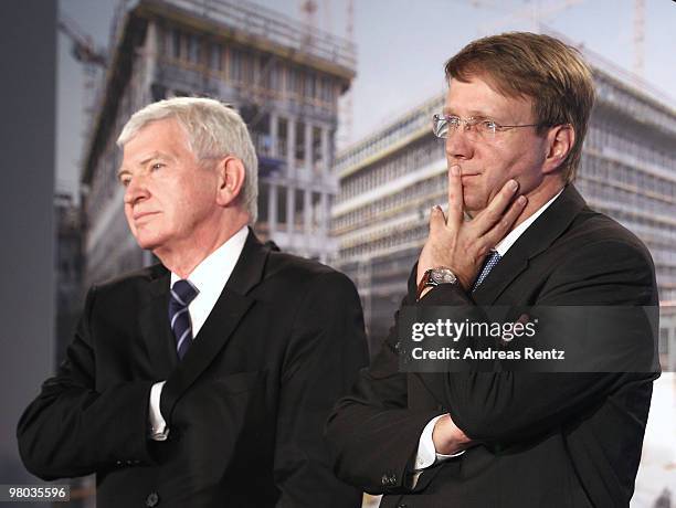 Ernst Uhrlau , head of the German intelligence service, the BND, and Minister of the Chancellery Ronald Pofalla attend the topping-out ceremony of...