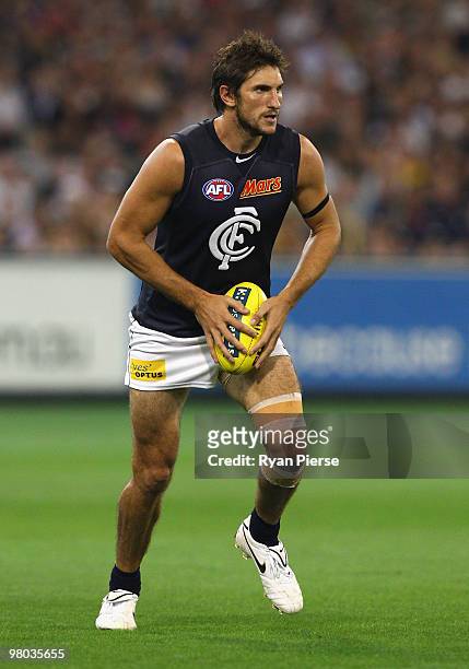 Jarrad Waite of the Blues in action during the round one AFL match between the Richmond Tigers and Carlton Blues at the Melbourne Cricket Ground on...