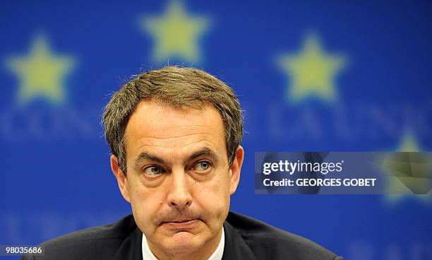 Spanish Prime Minister Jose Luis Zapatero, whose country holds the rotating EU presidency attends a press conference following a social summit...