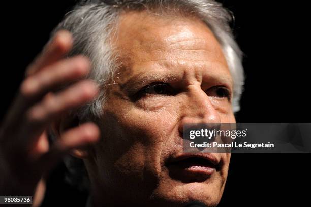 French Former Prime Minister Dominique De Villepin gestures during a press conference at Press Club de France on March 25, 2010 in Paris, France. De...