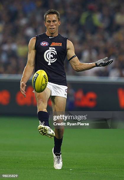 Bret Thornton of the Blues in action during the round one AFL match between the Richmond Tigers and Carlton Blues at the Melbourne Cricket Ground on...