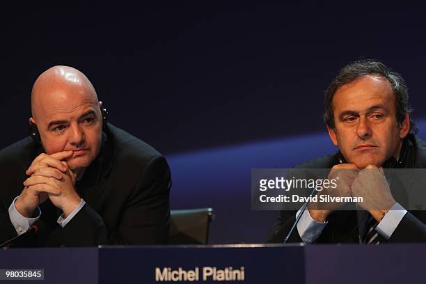 President Michel Platini and UEFA General Secretary Gianni Infantino give a press conference after the XXXIV Ordinary UEFA Congress on March 25, 2010...