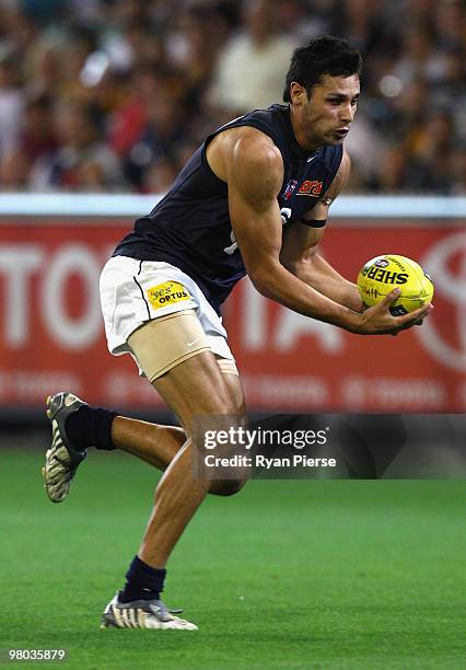 Setanta O'hailpin of the Blues in action during the round one AFL match between the Richmond Tigers and Carlton Blues at the Melbourne Cricket Ground...