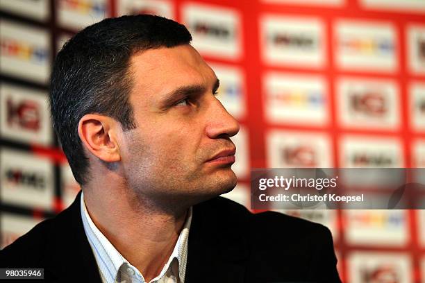 Vitali Klitschko of Ukraine attends a press conference at Veltins Arena on March 25, 2010 in Gelsenkirchen, Germany. The WBC Heavyweight World...