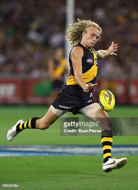 Ben Nason of the Tigers in action during the round one AFL match between the Richmond Tigers and Carlton Blues at the Melbourne Cricket Ground on...
