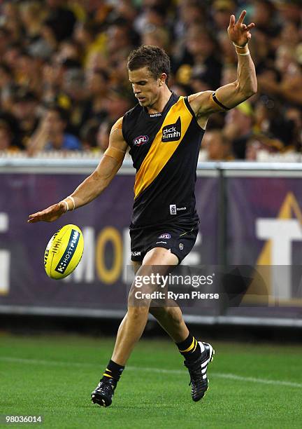 Brett Deledio of the Tigers in action during the round one AFL match between the Richmond Tigers and Carlton Blues at the Melbourne Cricket Ground on...