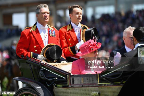 Queen Elizabeth II arrives in the Royal procession on day 3 of Royal Ascot at Ascot Racecourse on June 21, 2018 in Ascot, England.