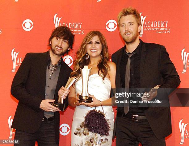 Winners of the award for Top New Dup or Vocal Group, Dave Haywood , Hillary Scott and Charles Kelley of the band Lady Antebellum poses in the press...
