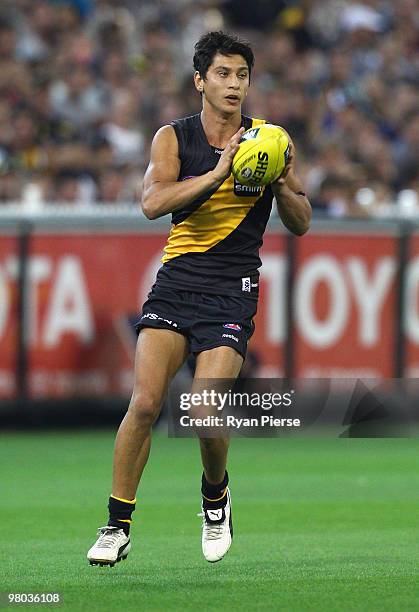 Robin Nahas of the Tigers in action during the round one AFL match between the Richmond Tigers and Carlton Blues at the Melbourne Cricket Ground on...