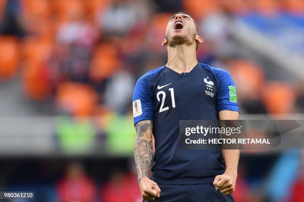 France's defender Lucas Hernandez reacts during the Russia 2018 World Cup Group C football match between France and Peru at the Ekaterinburg Arena in...