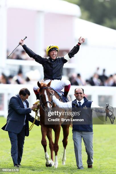 Frankie Dettori riding Stradivarius celebrates winning The Gold Cup on day 3 of Royal Ascot at Ascot Racecourse on June 21, 2018 in Ascot, England.