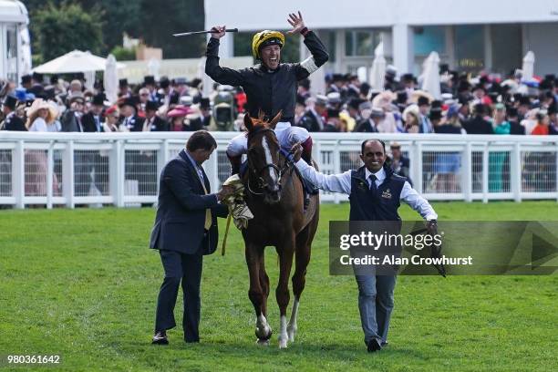 Frankie Dettori celebrates after riding Stradivarius to win The Gold Cup on day 3 of Royal Ascot at Ascot Racecourse on June 21, 2018 in Ascot,...