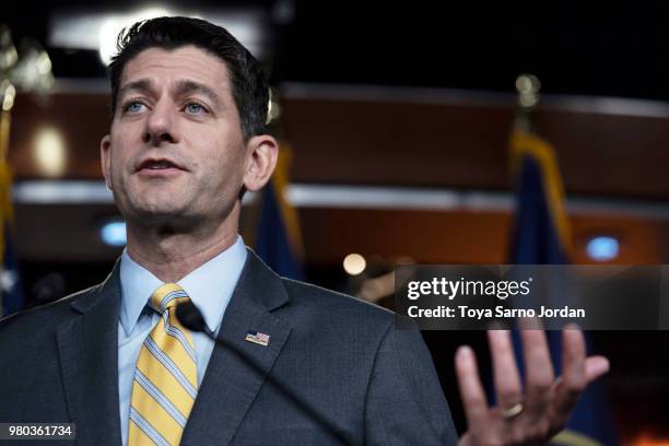 Speaker of the House Rep. Paul Ryan delivers remarks during his weekly press conference on June 21, 2018 in Washington, DC.