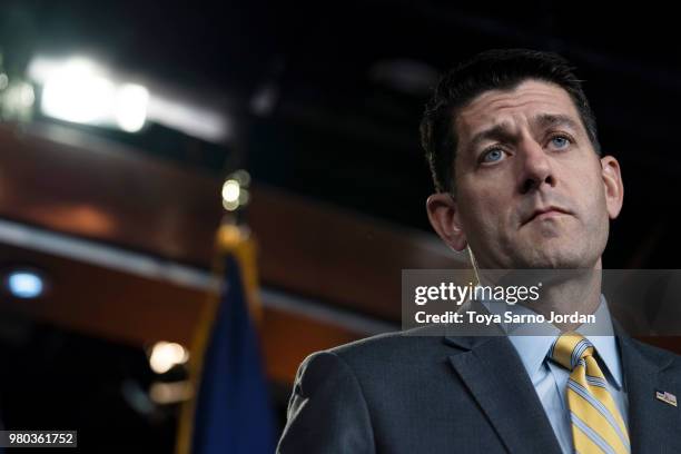 Speaker of the House Rep. Paul Ryan delivers remarks during his weekly press conference on June 21, 2018 in Washington, DC.