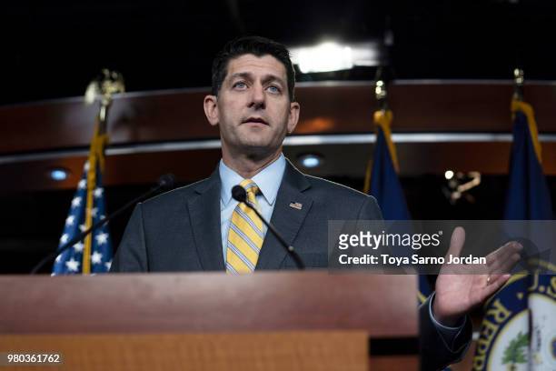Speaker of the House Rep. Paul Ryan delivers remarks during his weekly press conference on June 21, 2018 in Washington, DC.
