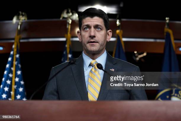 Speaker of the House Rep. Paul Ryan delivers remarks during his weekly press conference on June 21, 2018 in Washington, DC.