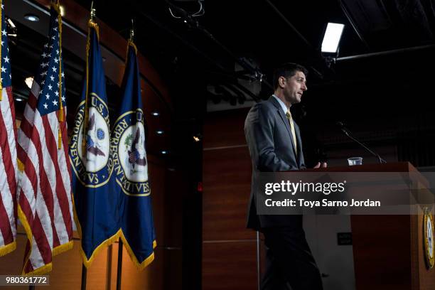 Speaker of the House Rep. Paul Ryan delivers remarks during his weekly press conference on June 21, 2018 in Washington, DC.