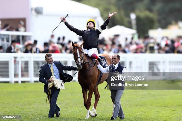 Frankie Dettori riding Stradivarius celebrates winning The Gold Cup on day 3 of Royal Ascot at Ascot Racecourse on June 21, 2018 in Ascot, England.