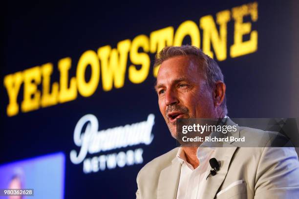 Kevin Costner speaks during 'A conversation with Kevin Costner from Paramount Network and Yellowstone' during the Cannes Lions Festival 2018 on June...