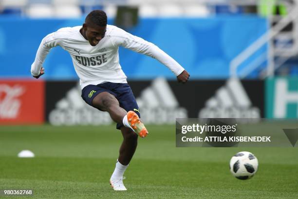 Switzerland's forward Breel Embolo takes part in a training session at Kaliningrad Stadium in Kaliningrad on June 21 on the eve of their Russia 2018...