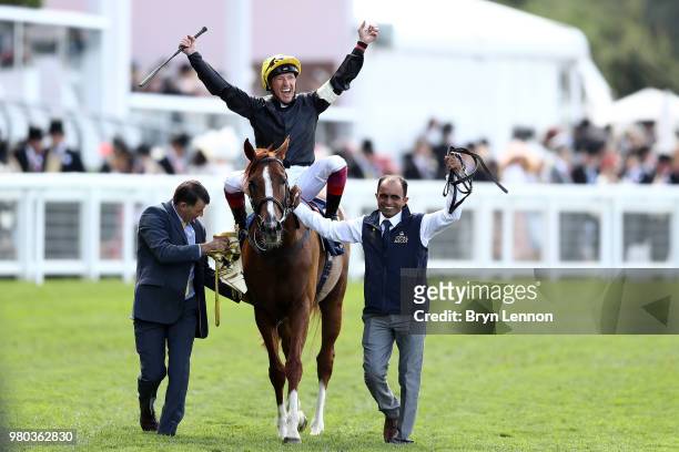 Frankie Dettori riding Stradivarius celebrates winning The Gold Cup on day 3 of Royal Ascot at Ascot Racecourse on June 21, 2018 in Ascot, England.
