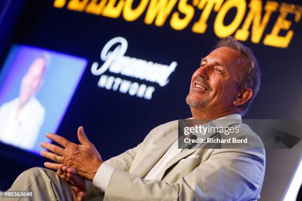 Kevin Costner speaks during 'A conversation with Kevin Costner from Paramount Network and Yellowstone' during the Cannes Lions Festival 2018 on June...