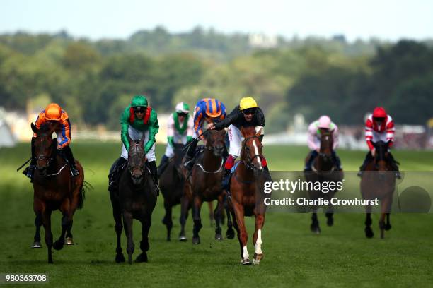 Frankie Dettori celebrates as he ride Stradivarius to win The Gold Cup on day 3 of Royal Ascot at Ascot Racecourse on June 21, 2018 in Ascot, England.