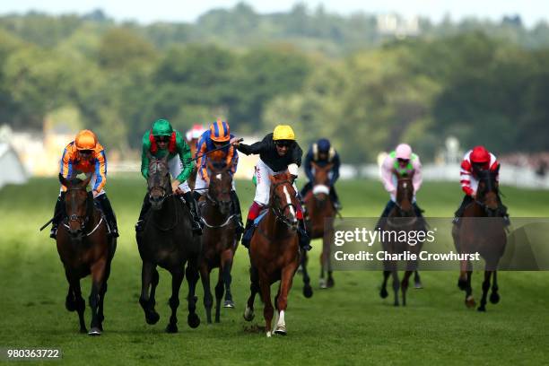 Frankie Dettori celebrates as he ride Stradivarius to win The Gold Cup on day 3 of Royal Ascot at Ascot Racecourse on June 21, 2018 in Ascot, England.