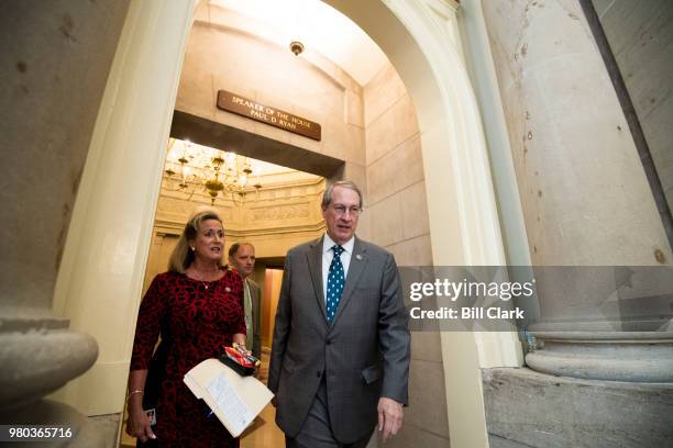 Rep. Bob Goodlatte, R-Va., followed by Rep. Ann Wagner, R-Mo., leaves Speaker Ryan's offices on Thursday, May 21 as House GOP leadership tries to...
