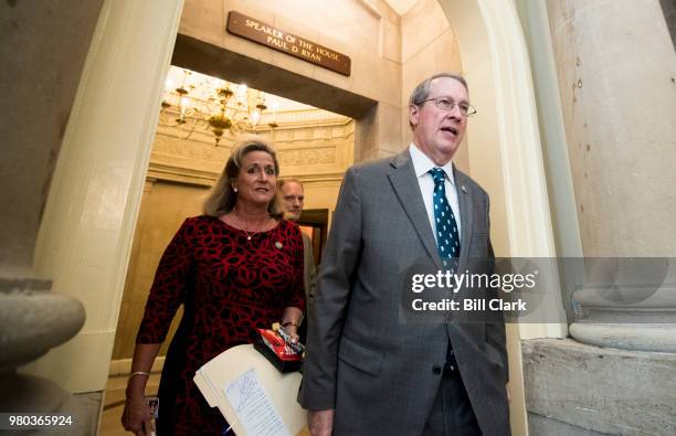 Rep. Bob Goodlatte, R-Va., followed by Rep. Ann Wagner, R-Mo., leaves Speaker Ryan's offices on Thursday, May 21 as House GOP leadership tries to...