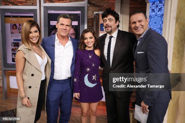 Karla Martinez, Josh Brolin, Isabella Moner, Benecio del Toro and Alan Tacher are seen on the set of "Despierta America" at Univision Studios to...