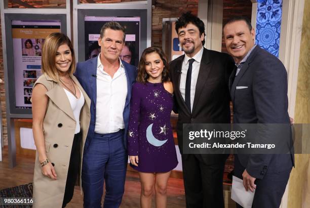 Karla Martinez, Josh Brolin, Isabella Moner, Benecio del Toro and Alan Tacher are seen on the set of "Despierta America" at Univision Studios to...