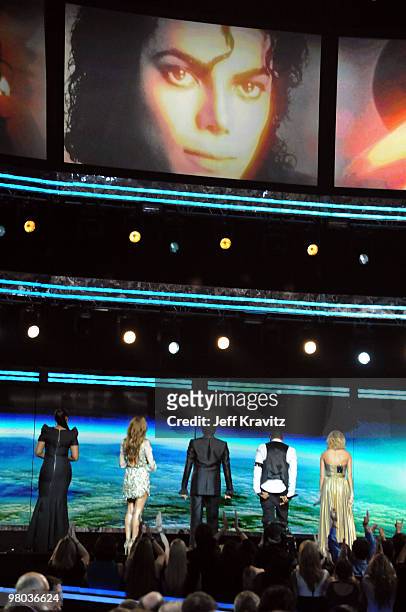 Musicians Jennifer Hudson, Celine Dion, Smokey Robinson, Usher and Carrie Underwood perform onstage during the 52nd Annual GRAMMY Awards held at...